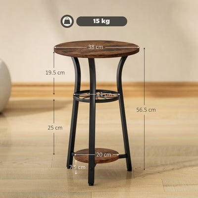 HOMCOM Small Round Side Table with 3 Storage Shelves - Rustic Brown 