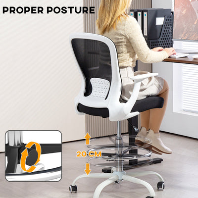 HOMCOM Draughtsman Chair, Mesh Drafting Chair, Ergonomic Office Chair with Flip-up Armrest, Adjustable Foot Ring, Black White 