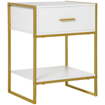 HOMCOM Bedside Table, Modern Side Table with Drawer and Shelf, Nightstand for Bedroom, White 