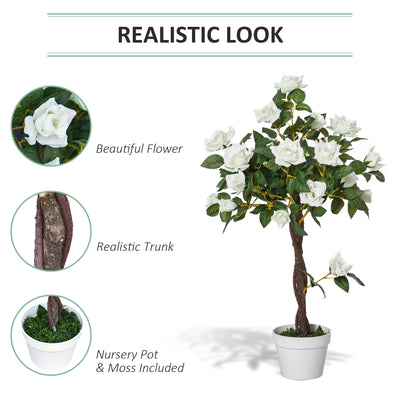 Outsunny Artificial Plants White Rose Floral in Pot, Fake Plants for Home Indoor Outdoor Decor, 90cm 