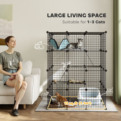 PawHut Steel Wire Cat Cage Indoor with Hammock, Ramps, Doors, DIY Cat Enclosure for 1-3 Cats, Black 