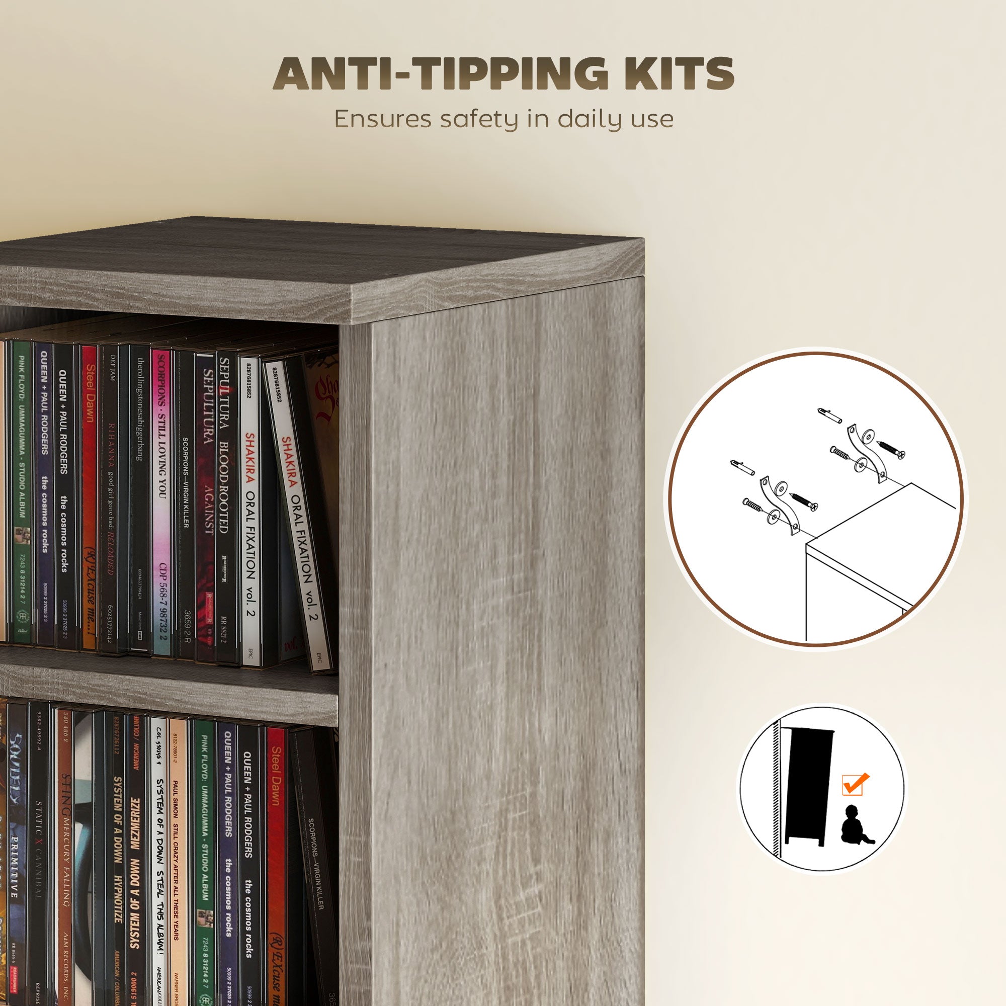 HOMCOM Set of 2 CD Media Display Shelf Unit Tower Rack with Adjustable Shelves, Distressed Grey 