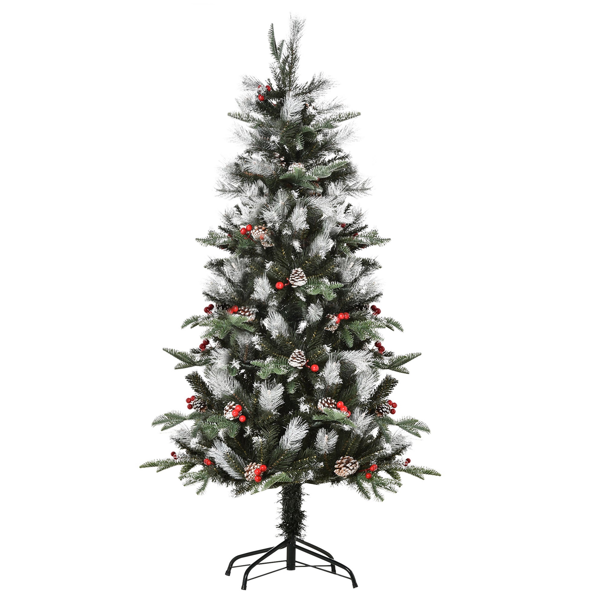 HOMCOM 5FT Artificial Snow Dipped Christmas Tree Xmas Pencil Tree Holiday Home Party Decoration with Foldable Feet Red Berries White Pinecones, Green 