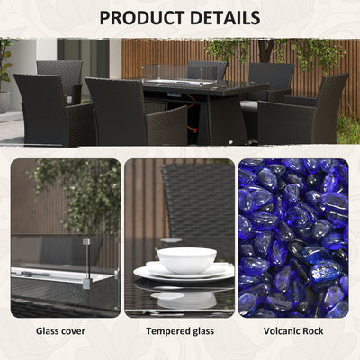 Outsunny 7 Pieces Outdoor Rattan Garden Furniture with Fire Pit Table, 6 Seater Garden Table and Chairs with Cushions, Rattan Dining Set with Propane Heater Table, Windscreen, 50,000 BTU, Black 