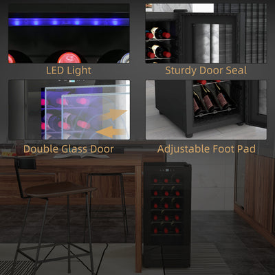 HOMCOM 50L Wine Cooler, 18 Bottles Freestanding Wine Fridge with Glass Door, LED Light, Temperature Control and Digital Touch Screen, Black 
