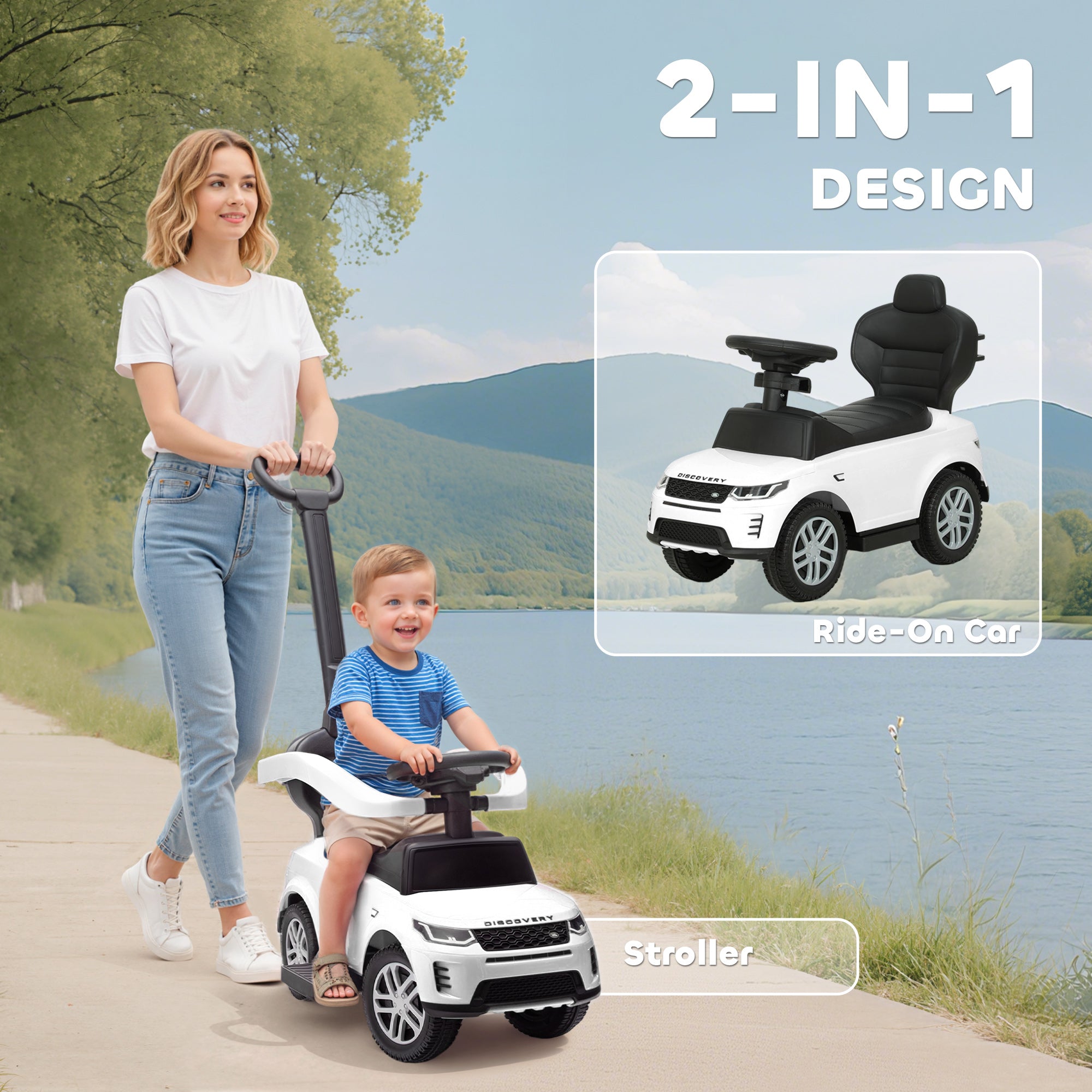 AIYAPLAY Land Rover Discovery Licensed Baby Push Car, 2-in-1 Ride on Car with Push Handle and Safety Guardrail, White 