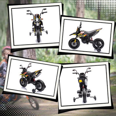AIYAPLAY 12V Aprilia Licenced Kids Motorbike with Training Wheels, Spring Suspension, LED Light, USB, Music, Yellow 