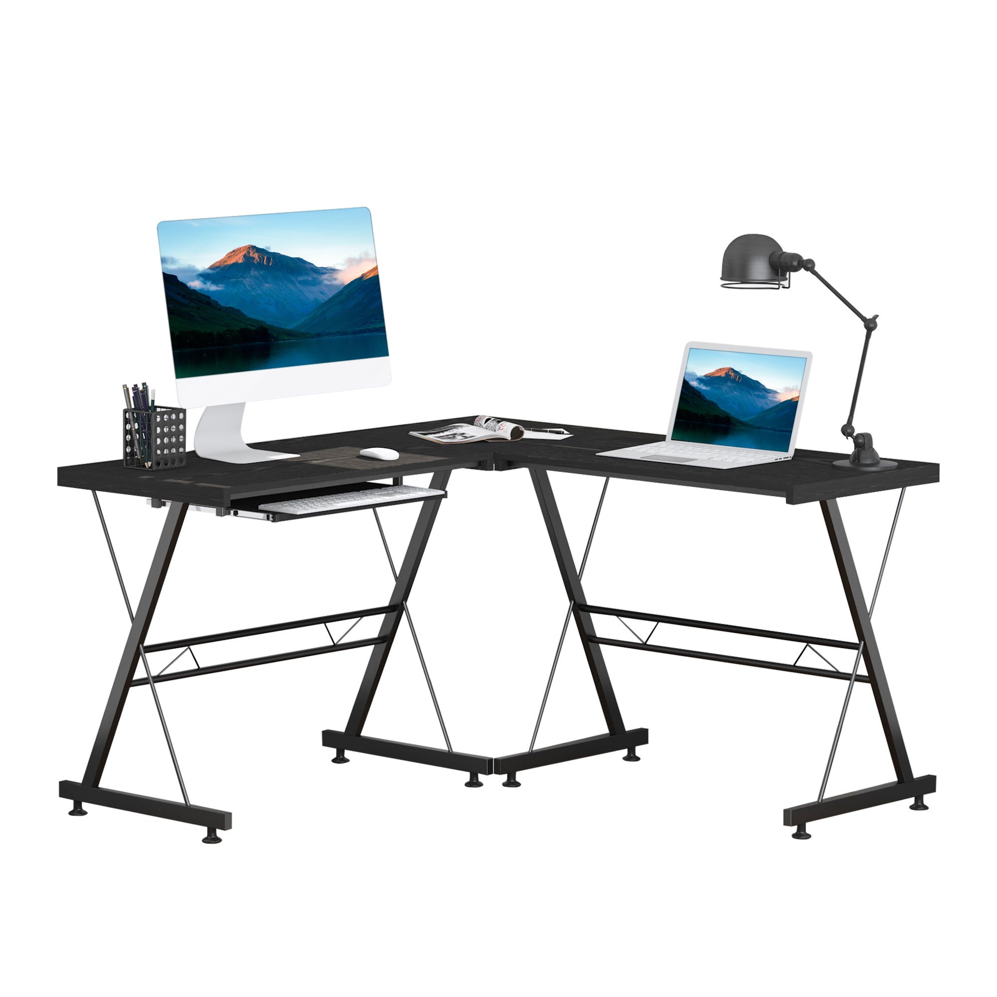 HOMCOM L Shaped Gaming Desk, Corner Computer Desk with Keyboard Tray, Work Table for Home Office, Study Workstation, 130 x 130 x 73.5cm, Black 