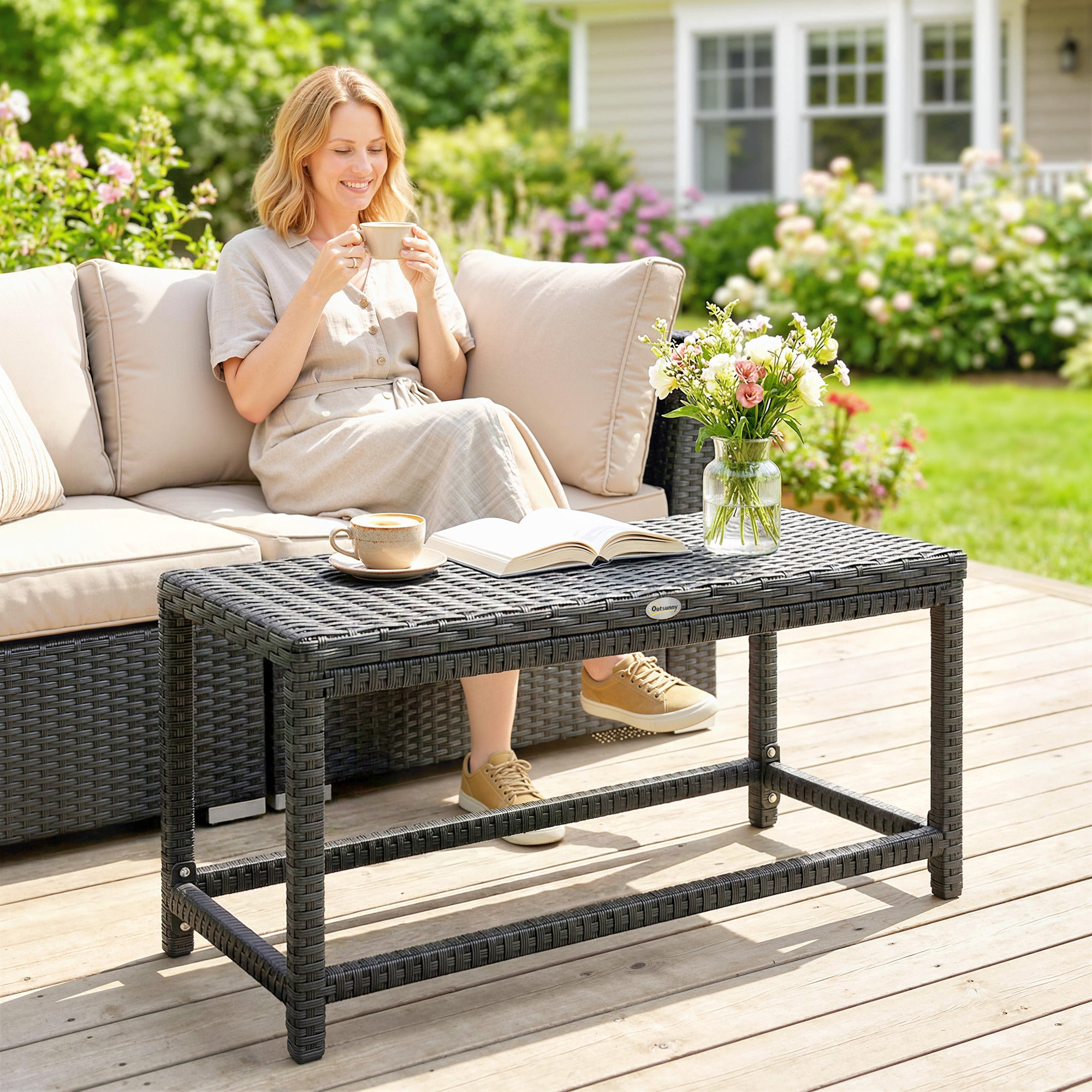 Outsunny Outdoor Coffee Table Side Table with Rectangular Frame for Patio, Balcony, Black 