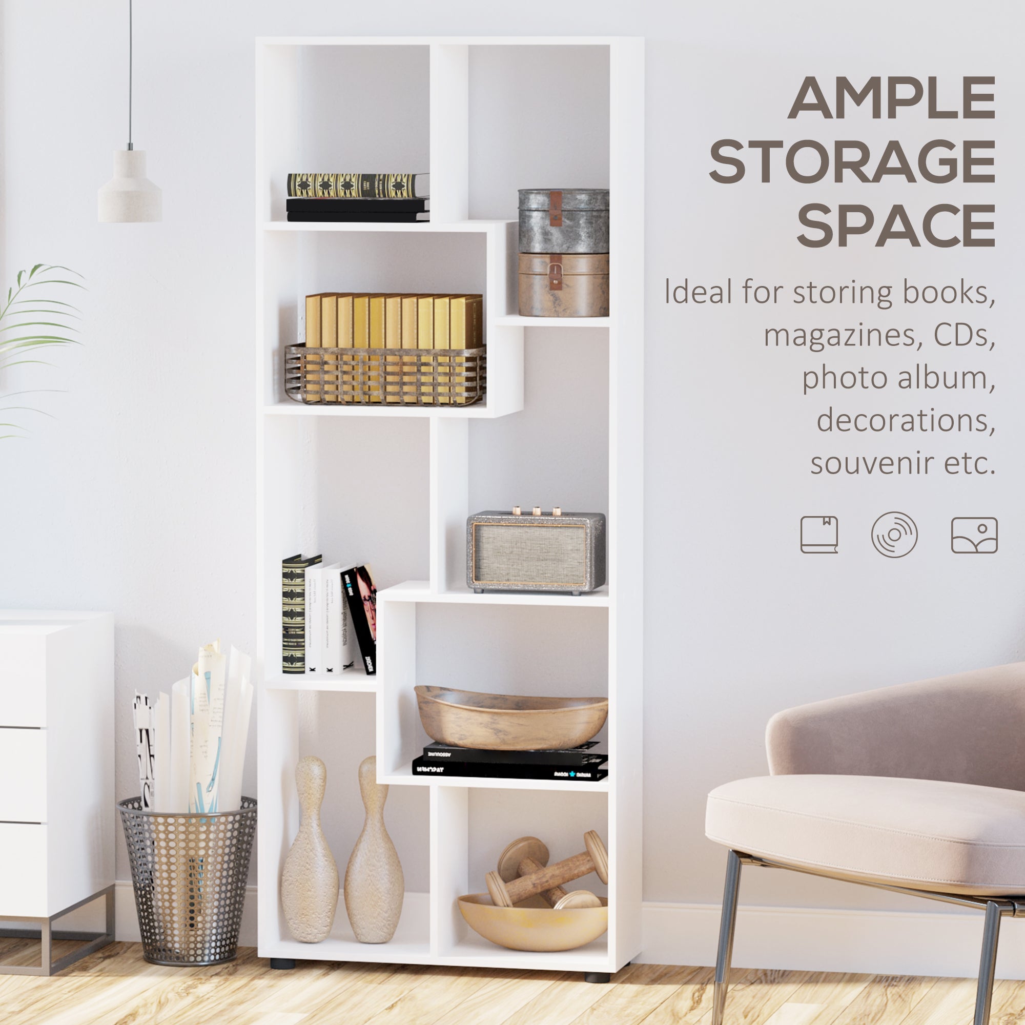 HOMCOM 8-Tier Freestanding Bookcase w/ Melamine Surface Anti-Tipping Foot Pads Home Display Storage Grid Stand Bedroom Living Room Furniture Modern Style - White 