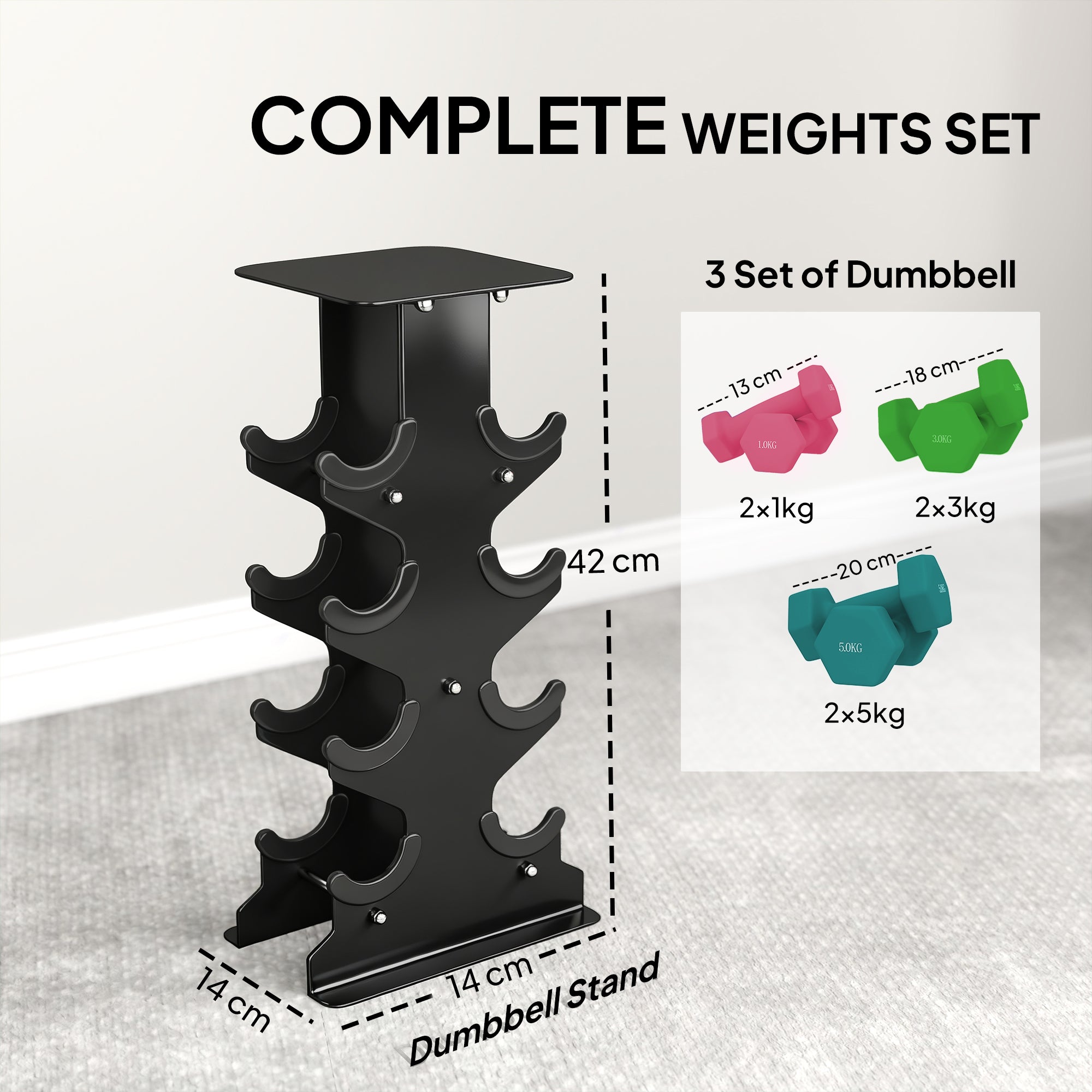 SPORTNOW Hex Dumbbells Set with Dumbbell Rack, Non Slip Hand Weights for Home Gym Strength Training, 2 x 1kg, 2 x 3kg, 2 x 5kg 