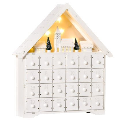 HOMCOM 24-Drawer Christmas Advent Calendar, Wooden Light-Up Traditional Decoration, Adults Kids Countdown Holiday House w/ Lights Handle White 