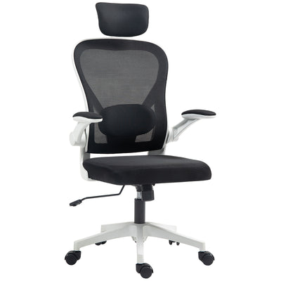 HOMCOM Executive Office Chair, Ergonomic Mesh High Back Desk Chair with Flip-up Armrest, Rotatable Headrest, Adjustable Lumbar Support, Swivel Computer Chair for Home Study, Black 