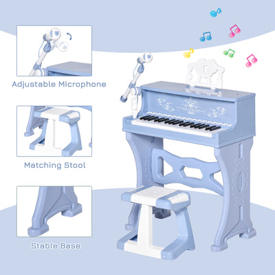 HOMCOM 37 Keys Kids Piano Mini Electronic Keyboard Light Kids Musical Instrument Educational Game Children Grand Piano Toy Set w/Stool & Microphone & Music Stand (Blue) 