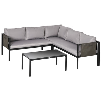 Outsunny 4 Piece Metal Garden Furniture Set with Tempered Glass Coffee Table, Breathable Mesh Pocket, Outdoor Conversational Corner Sofa Loveseat with Padded Cushions, Light Grey 