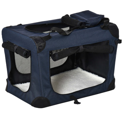 PawHut Foldable Pet Carrier for Small and Miniature Dogs, Portable Cat Carrier Soft Side Pet Travel Crate with Removable Mat, Storage Bags, Breathable Mesh 60 x 41.5 x 41cm - Dark Blue 