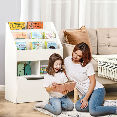 HOMCOM Kids Bookshelf, Toy Organiser, with Storage Drawer, Wheels - White 