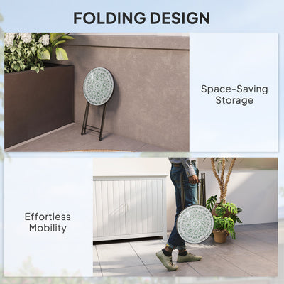Outsunny Mosaic Outdoor Garden Table, 35.5cm Round Folding Coffee Table with Metal Frame for Balcony Terrace, Green 