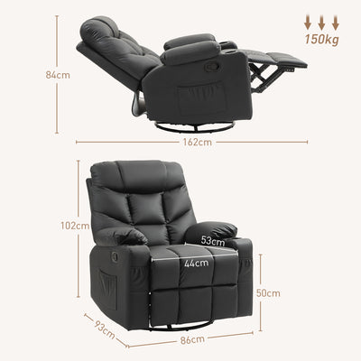 HOMCOM Manual Reclining Chair, Recliner Armchair with Swivel, Faux Leather, Footrest, Cup Holders, 86x93x102cm, Black 