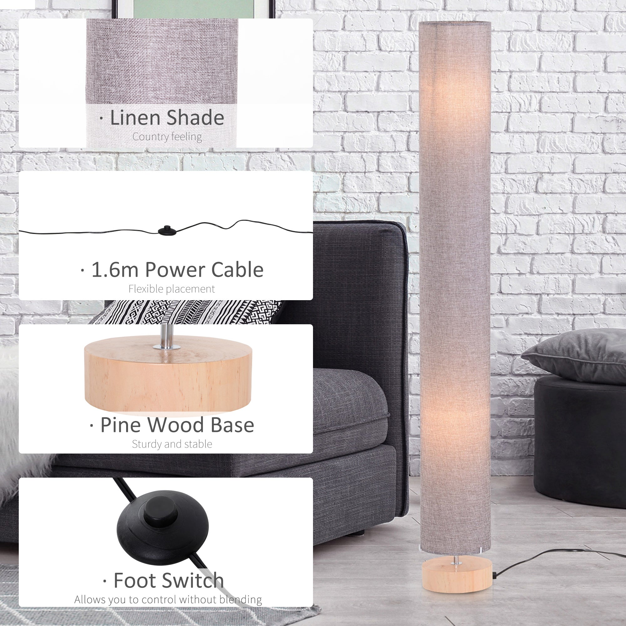 HOMCOM 47-Inch Modern Wooden Floor Lamp for Bedroom, Study or Living Space with Fabric Linen Shade (Grey)  120 CM 