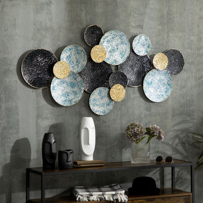 HOMCOM 3D Metal Wall Art Modern Circle Hanging Wall Sculptures Home Decor for Living Room Bedroom Dining Room, Blue Black Gold 