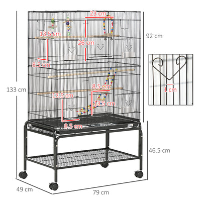 PawHut Large Bird Cage Budgie Cage with Stand, Toys, Wheels, Accessories, Storage Shelf for Canaries, Finches, Lovebirds, Parakeets - Black, 79 x 49 x 133 cm 