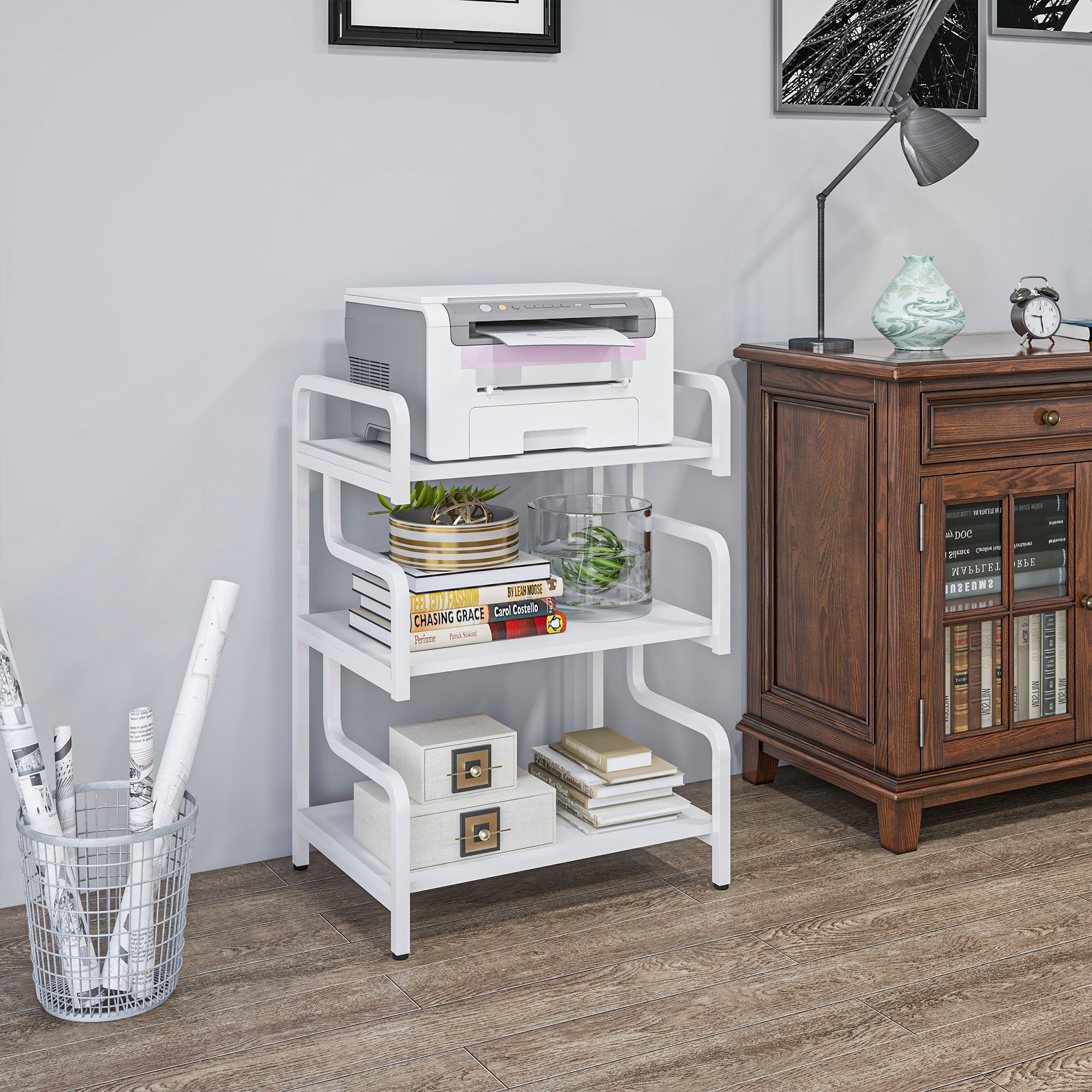 HOMCOM 3-Tier Printer Stand with Storage Shelves, Printer Table, 55 x 40 x 77cm Printer Shelf for Home Office, Study, White 