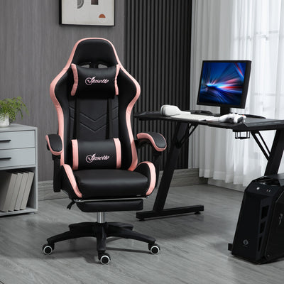 Vinsetto Computer Gaming Chair, PU Leather Desk Chair with Footrest, Swivel Task Chair with 135° Reclining Back and Lumbar Support, PC Chair for Adults, Black and Pink 