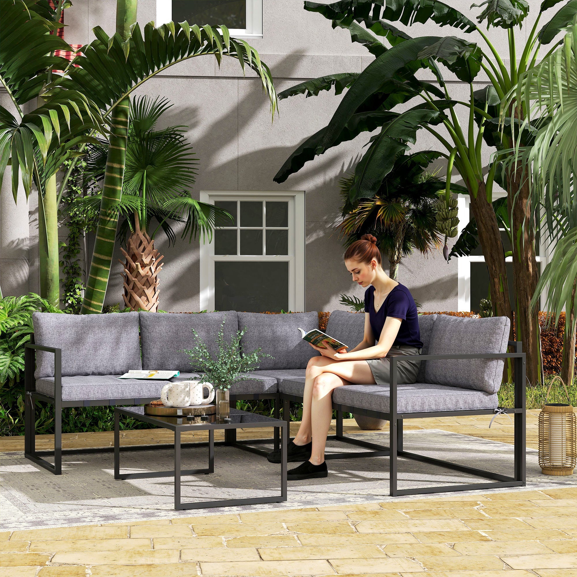 Outsunny Three-Piece L Shaped Garden Furniture Set with Cushions - Grey 