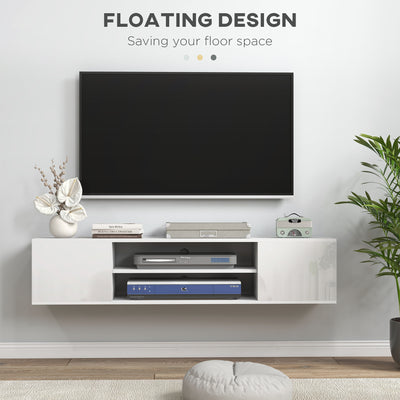 HOMCOM Floating TV Stand Cabinet for TVs up to 60", Wall Mounted TV Unit with Open Shelf, Storage Cupboards and Cable Management for Living Room, White 