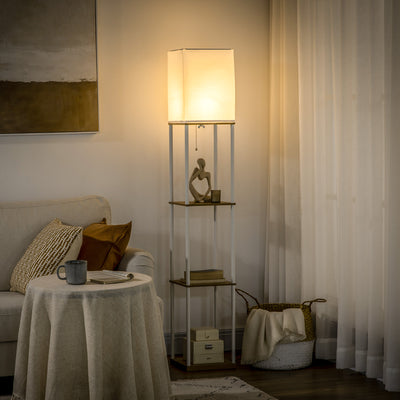 HOMCOM Modern Floor Lamp with Shelves, 3 Layer Shelf Tall Standing Lamp with Fabric Lampshade, Pull Chain Switch for Living Room, Bedroom, Bulb not Included, White 