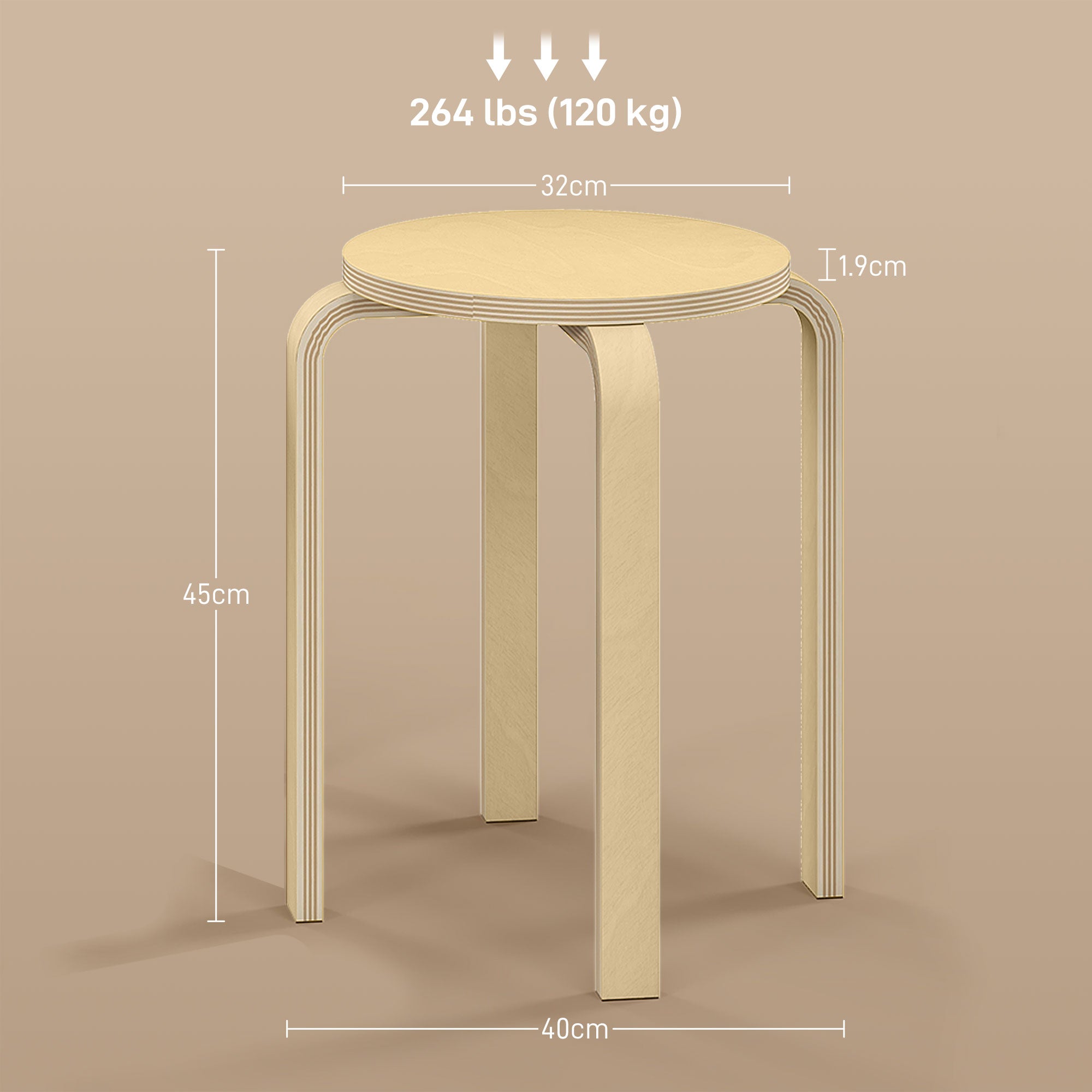 HOMCOM Stackable Stools Set of 4, Modern Stacking Chairs, Round Backless Stools for Kitchen, Dining Room, Office, Outdoors, Nature Wood Finish