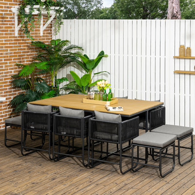 Outsunny 10 Seater Rattan Cube Garden Furniture Set, Rattan Dining Set with Cushions, Outdoor Dining Table and Chairs with 6 Armchairs, 4 Stools, Rectangular Wood Grain Plastic Top Table, Black 