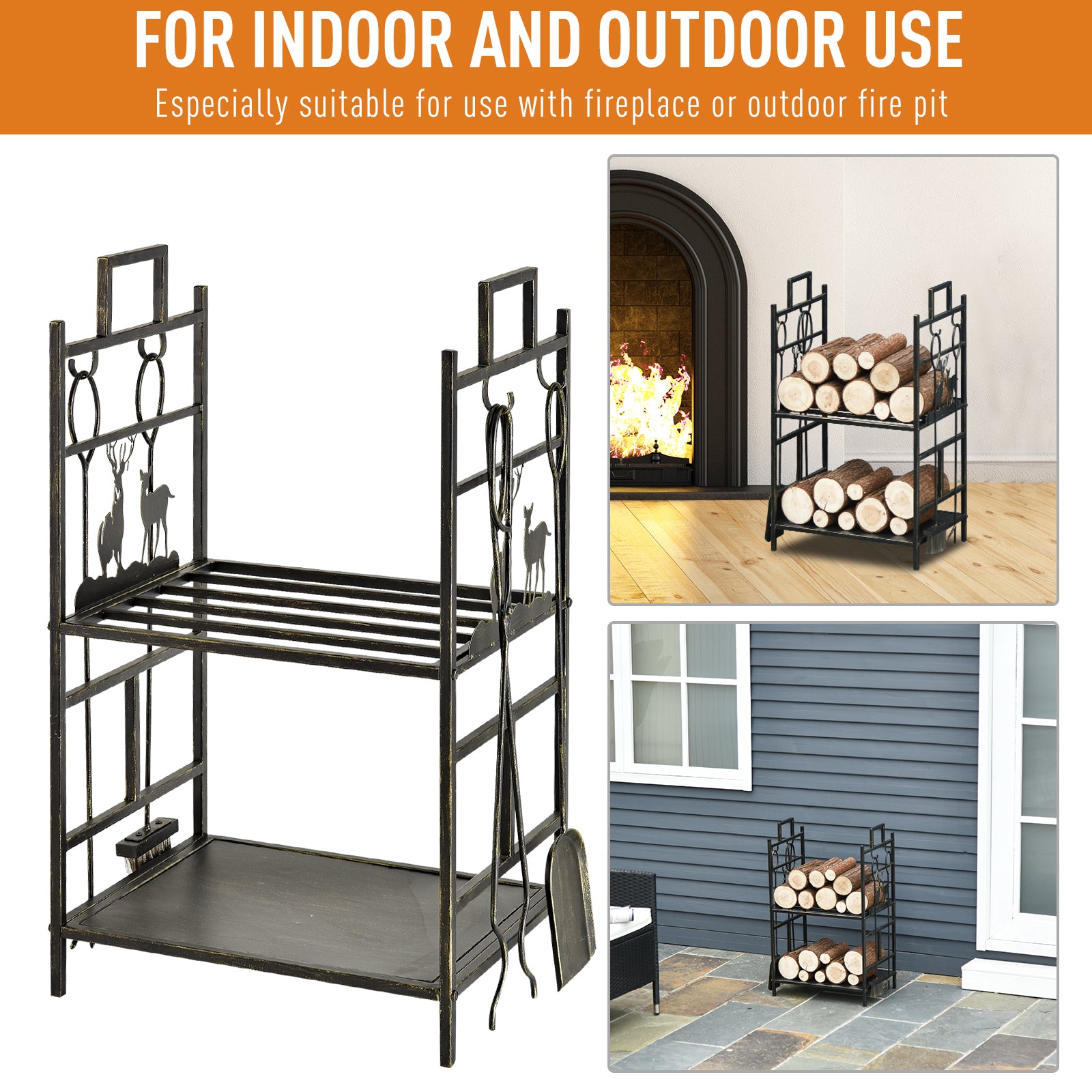 Outsunny Metal Firewood Log Holder 2 Tier Firewood Rack Indoor Outdoor Fireplace Wood Storage Shelf with 4 Tools, Hooks, Elk Shape Design, Black Gold Tone, 51.5W x 33D x 77H cm 