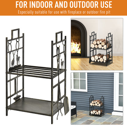 Outsunny Metal Firewood Log Holder 2 Tier Firewood Rack Indoor Outdoor Fireplace Wood Storage Shelf with 4 Tools, Hooks, Elk Shape Design, Black Gold Tone, 51.5W x 33D x 77H cm 