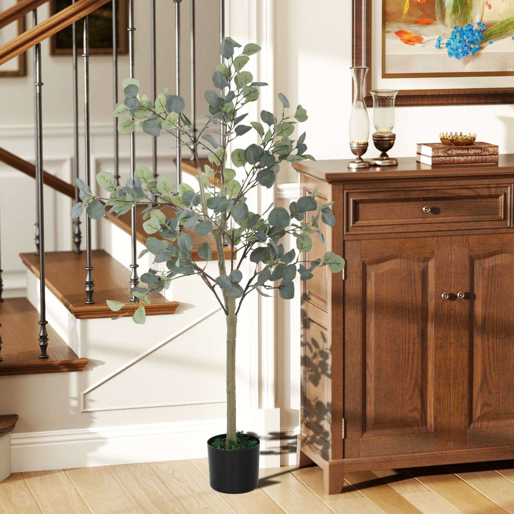 HOMCOM Decorative Artificial Plant, 5ft/ 150cm Silk Eucalyptus Tree with 230 Silver Dollar Leaves in Pot, Fake Plant for Home, Office, Living Room, Indoor Decor 