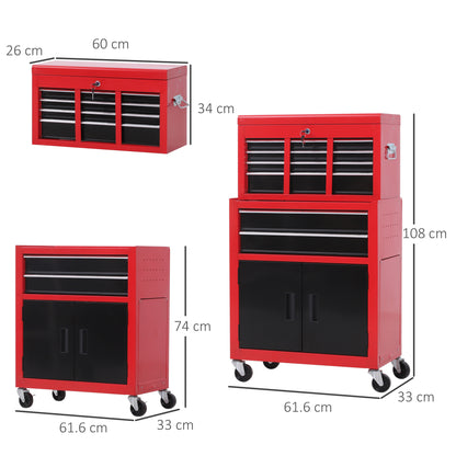 HOMCOM Tool Chest, Metal Tool Cabinet on Wheels with 6 Drawers, Pegboard, Top Chest and Roller Cabinet Combo, 61.6 x 33 x 108cm, Red and Black 