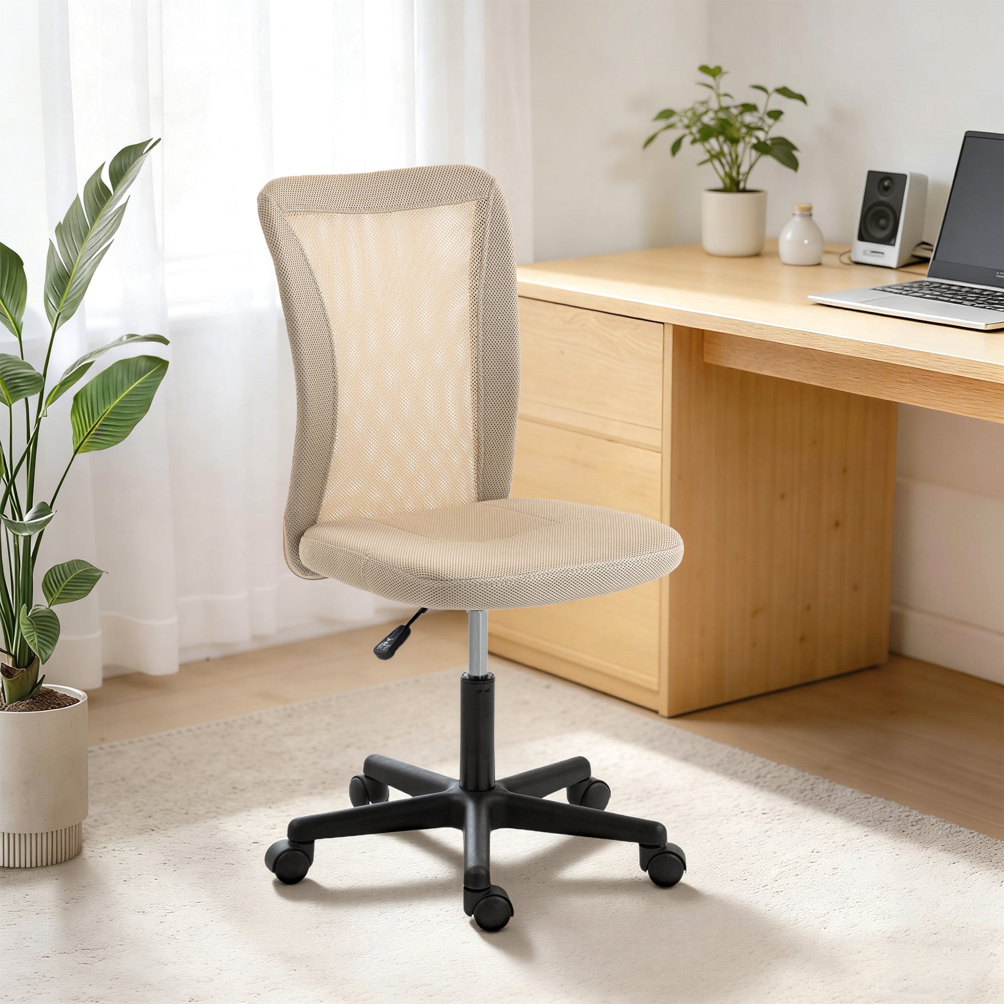 Vinsetto Computer Desk Chair, Mesh Office Chair with Adjustable Height and Swivel Wheels, Armless Study Chair, Beige 