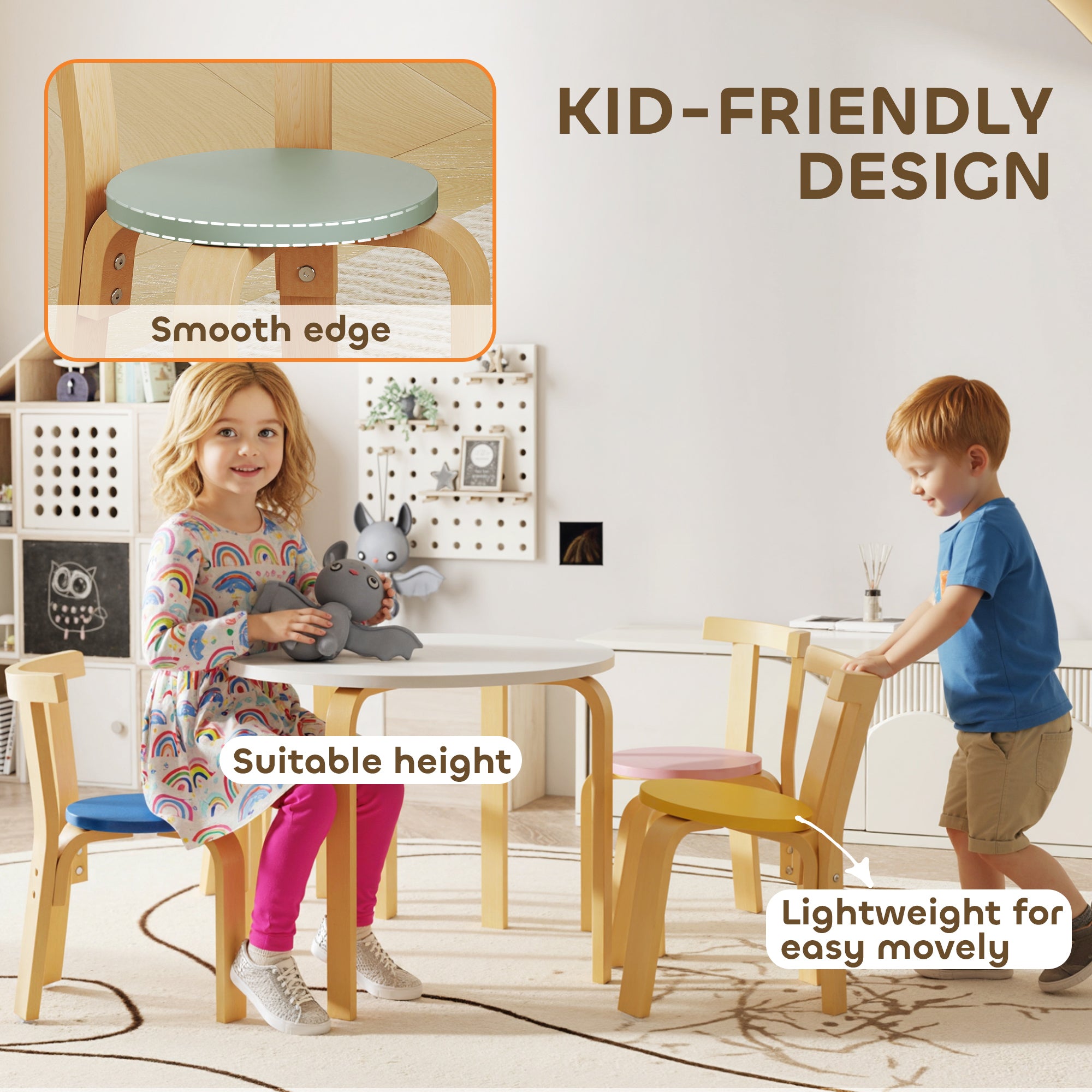 AIYAPLAY 5 Piece Kids Table and Chairs Set, Wooden Toddler Table and Chairs Set for Nursery, Playroom, Classroom, for 3-8 Years 