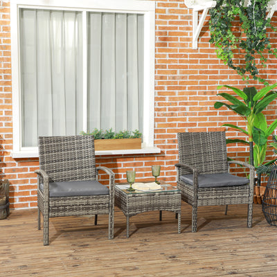Outsunny 3 Pieces Rattan Bistro Set, Wicker Garden Furniture Set with Glass Top Coffee Table and Chairs, Washable Cushions for Outdoor, Patio, Balcony, Mixed Grey 