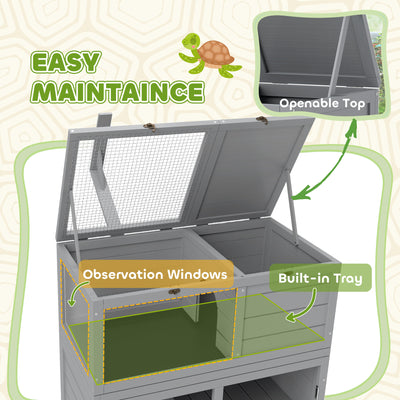PawHut Wooden Tortoise House with Storage Cabinet, Openable Top, Lamp Holder, Transparent Observation Windows, Light Grey 