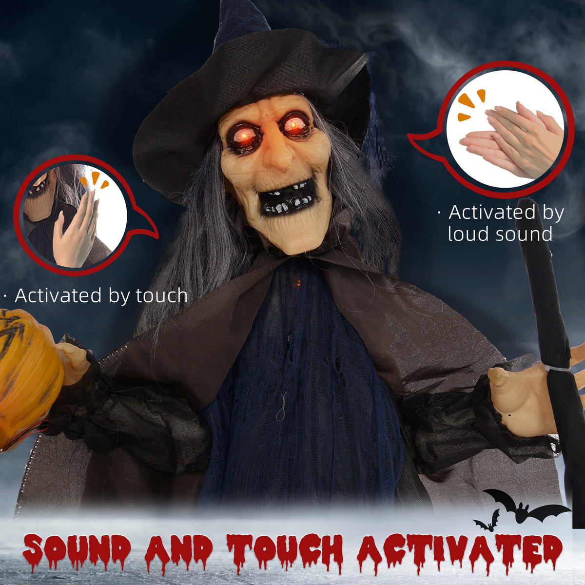 HOMCOM 6'2" Witch with Broomstick Halloween Animatronic, with Glowing Eyes 