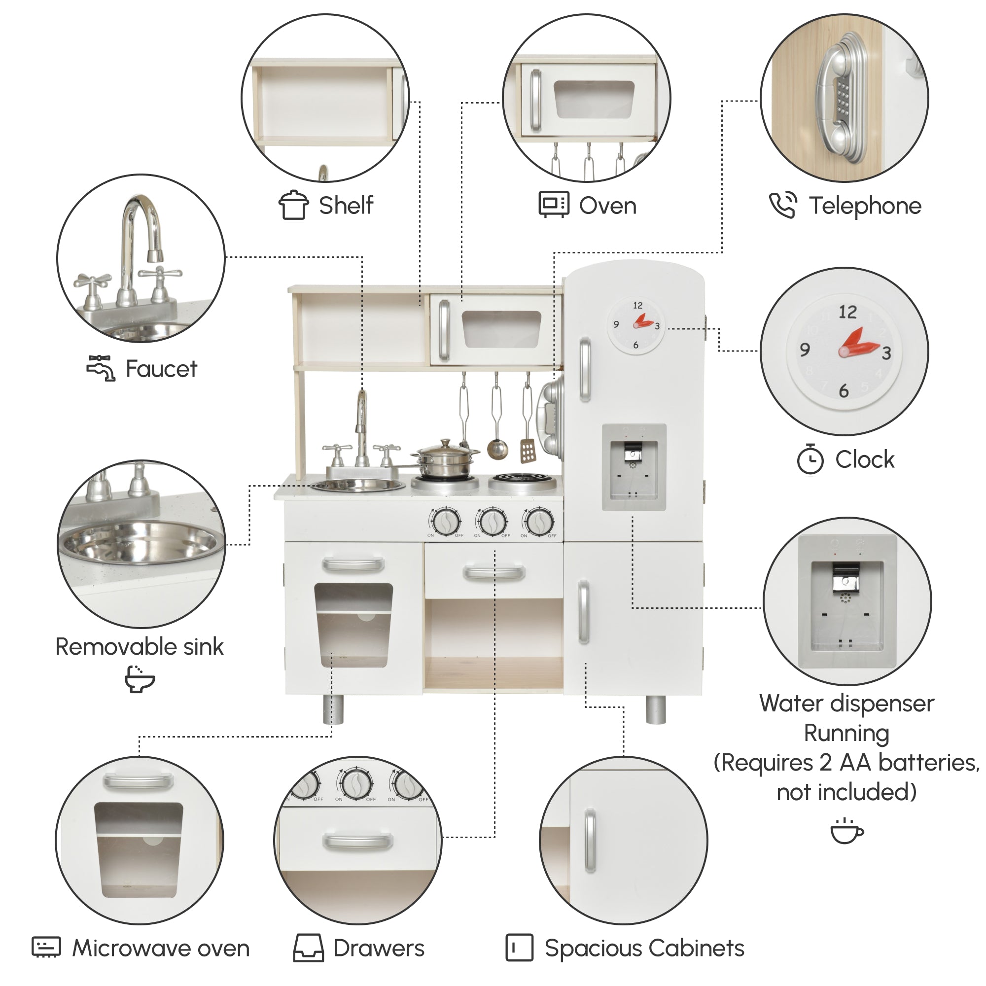 HOMCOM Kids Wooden Pretend Play Toy Kitchen Cooking Set Role Play Phone for Boys Girls White 