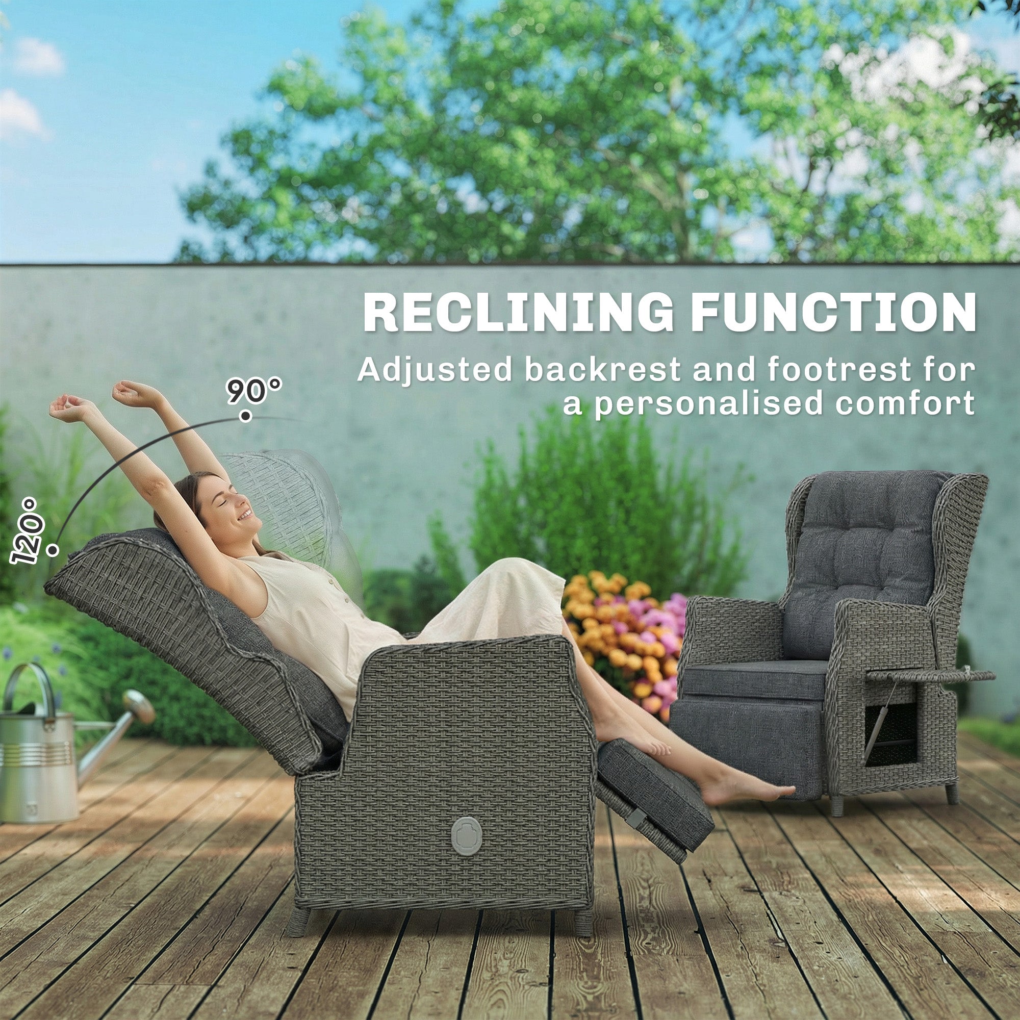 Outsunny Rattan Garden Recliner Chair, Reclining Garden Chair with Adjustable Back and Footrest, Flip Table, Cushion, Dark Grey 