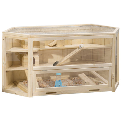PawHut 3 Tier Wooden Large Hamster Cage with Sliding Tray, Seesaws, Water Bottle, Natural 