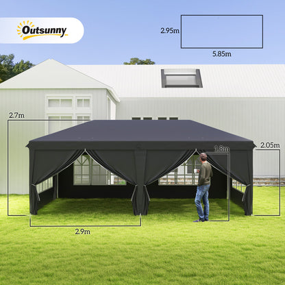 Outsunny 3 x 6 m Pop Up Gazebo with Sides and Windows, Height Adjustable Wedding Camping Party Tent Canopy Marquee with Storage Bag for Garden, Event, Black
