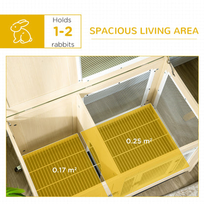 PawHut Rabbit Hutch, with Wheels, Removable Tray, Openable Roof, for 1-2 Rabbits - Oak Tone