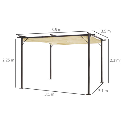 Outsunny 3.5M X 3.5M Metal Pergola Gazebo Awning Retractable Canopy Outdoor Garden Sun Shade Shelter Marquee Party BBQ, Beige 