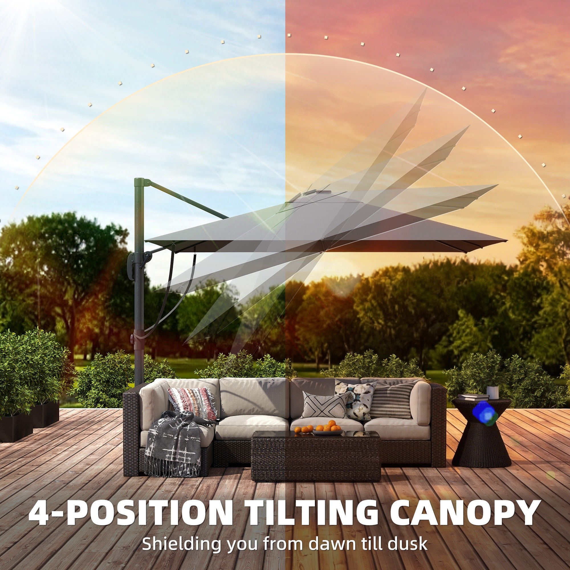 Outsunny 3 x 3 m Garden Cantilever Parasol with Light, Cover, Overhanging Umbrella w/ Wind Protection, 360° Rotation, Light Grey 
