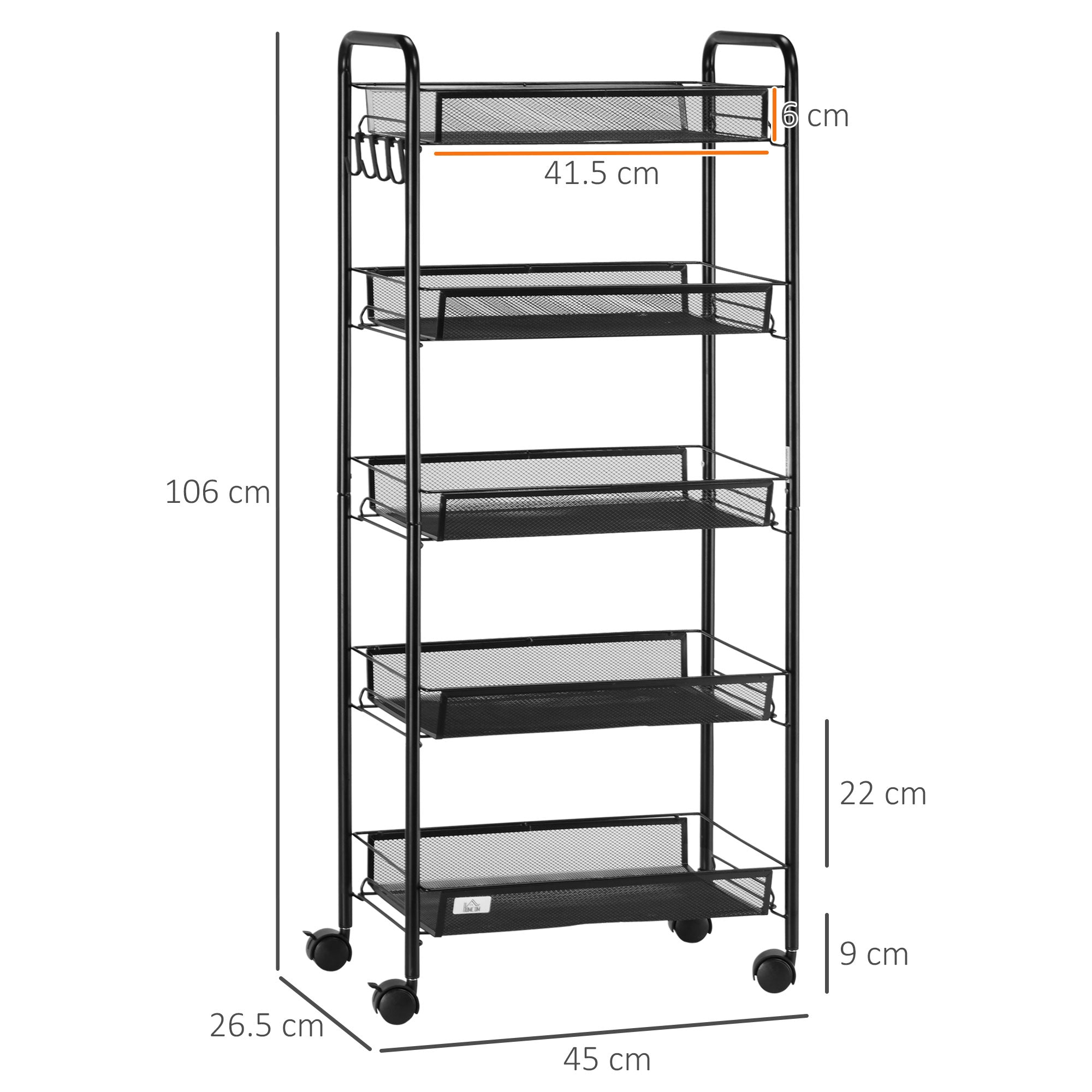 HOMCOM Five-Steel Mesh Basket Storage Trolley, with Wheels - Black